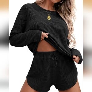 Ekouaer Black Waffle Knit Lounge Set